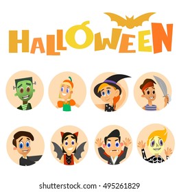 Happy children Halloween avatar costume collection and crow.Vector illustration of a flat design.