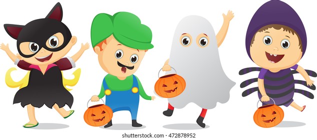 happy children in Halloween party trick or treating