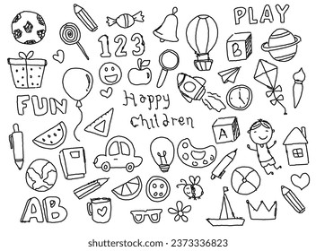 happy children hand drawn doodle art vector illustration on white background