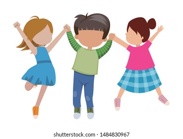 Happy children hand in hand jumping