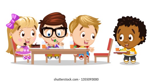 Happy children have breakfast, lunch, dinner or supper. Three caucasian kids eat different meals, drink juice at table and invite to african american boy join them. Cartoon illustration on white.