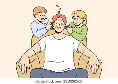 Happy children have fun drawing on father sleeping on chair at home. Naughty smiling kids paint on sleepy dad face, relaxing in armchair. Vector illustration. 