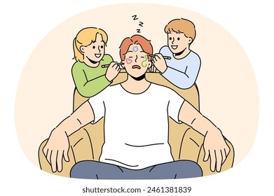 Happy children have fun drawing on father sleeping on chair at home. Naughty smiling kids paint on sleepy dad face, relaxing in armchair. Vector illustration.