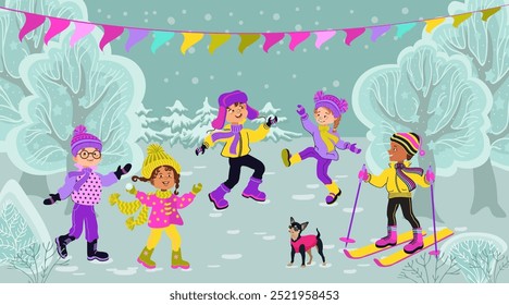 Happy children have fun on a walk in the park. Winter outdoor activity. Boys and girls in bright clothes against winter landscape. Cartoon kids in the forest. Hand-drawn flat vector illustration.