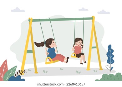 Happy children have fun playing swings. Cute kids having fun on swing in playground. Small girls talking. Childhood, entertainment and playtime. Flat vector illustration