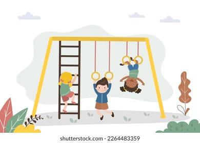 Happy children have fun playing on rings. Cute kids having fun in playground. Multiethnic girls and boys hang on rings and climb stairs. Childhood, entertainment and playtime. Flat vector illustration