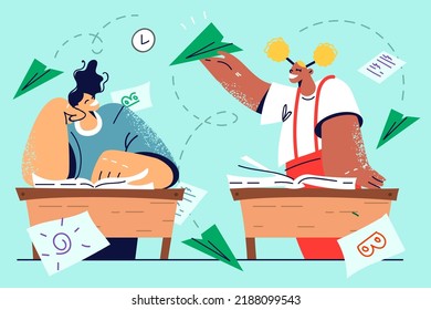 Happy children have fun throwing paper planes in classroom. Smiling kids engaged in funny game in school. Vector illustration. 