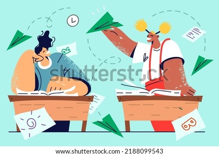 Happy children have fun throwing paper planes in classroom. Smiling kids engaged in funny game in school. Vector illustration. 