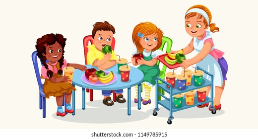Happy children having dinner
