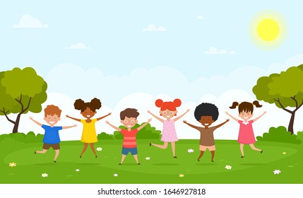 Happy children having fun in nature. Multiracial boys and girls are playing together in outside. Vector illustration.