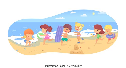 Happy Children Having Fun On Sand Beach. Little Boy And Girl Character Playing With Rubber Toy, Inflatable Ring And Mattress, Water Gun. Cutout Vector Illustration Isolated On White Background