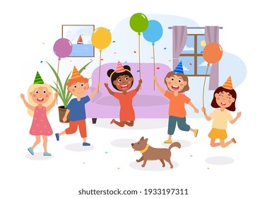 Happy children having fun at the party. Smiling kids jumping with confetti and baloons. Little dog is running with little boys and girls. Childrens birthday party. Flat cartoon vector illustration