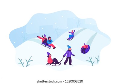 Happy Children Having Fun Sledding on Tubing and Sleds Downhill During Winter. Christmas and New Year Holidays. Wintertime Outdoors Activity Vacation Spare Time. Cartoon Flat Vector Illustration