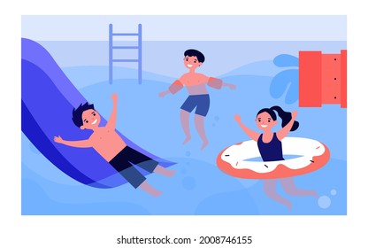 Happy children having fun in swimming pool. Boy on waterslide, kid in inflatable armbands, girl with rubber ring flat vector illustration. Summer activity, vacation concept for banner, website design