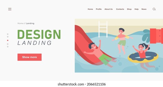 Happy children having fun in swimming pool. Boy on waterslide, kid in inflatable armbands, girl with rubber ring flat vector illustration. Summer activity, vacation concept for banner, website design