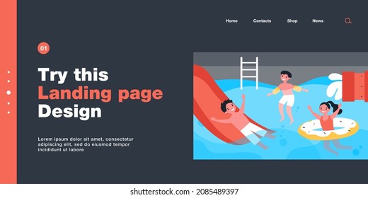 Happy children having fun in swimming pool. Boy on waterslide, kid in inflatable armbands, girl with rubber ring flat vector illustration. Summer activity, vacation concept for banner, website design