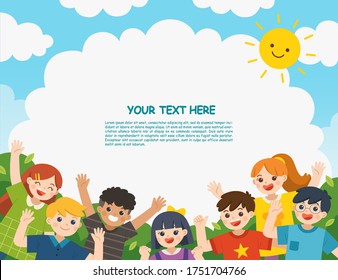 Happy children having fun together in nature. Children look up with interest. Template for advertising brochure. 