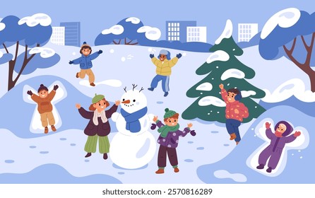 Happy children having fun. Winter city park landscape. Smiling kids playing snowballs. Boys and girls making snowman. Angel in snowdrift. Wintertime snow games. Garish