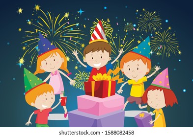 Happy children having party with fireworks and presents illustration