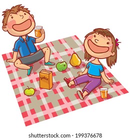 Happy Children having  picnic. Summer activities. Children illustration for School books, magazines, advertising and more. Separate Objects. VECTOR.