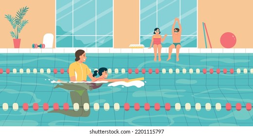 Happy children having swimming class in pool with female coach flat vector illustration