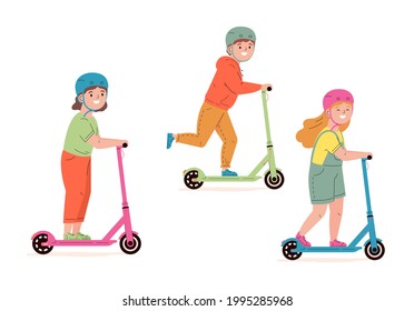 Happy children in helmets ride electric walk scooters. Modern child characters driving urban transport. Kids learn to ride scooter. Friendship. Flat vector illustration isolated on white background.