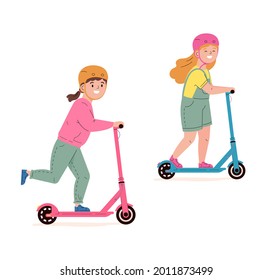 Happy children in helmets ride electric walk scooters. Modern child characters driving eco urban transport. Kids learn to ride scooter. Flat vector illustration isolated on white background.