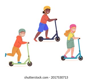 Happy children in helmets ride electric walk scooters. Modern child characters driving urban transport. Kids learn to ride scooter. Friendship. Flat vector illustration isolated on white background.