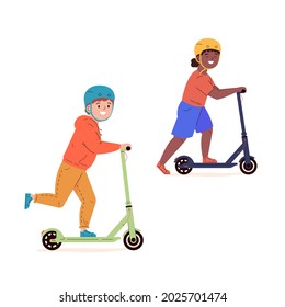 Happy children in helmets ride electric walk scooters. Modern child characters driving eco urban transport. Kids learn to ride scooter. Flat vector illustration isolated on white background.