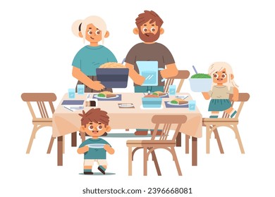 Happy children help parents to serve dinner. Preparing for dinner on isolated background. Flat vector illustration.