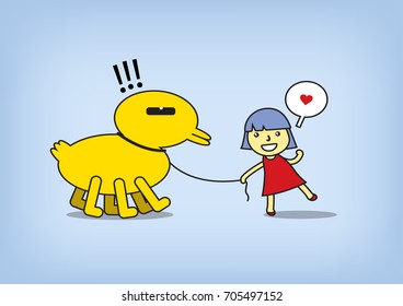 Happy children and her duck , Flat cartoon design