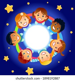 Happy children hold hands and dance in a circle. Cute boys and girls have fun on the background of stars. Cartoon vector illustration.