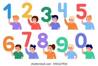 Happy children hold numbers. Little kids learn number math. Education young friends, elementary school students, kindergarten pupils boys and girls. Vector flat illustration