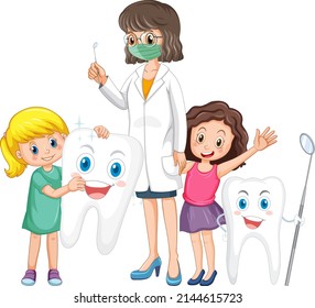 Happy children holding big tooth and dentist on white background illustration