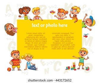 Happy children holding blank poster. Template for advertising brochure. Ready for your message. Kids look up with interest. Funny cartoon character. Vector illustration. Isolated on white background