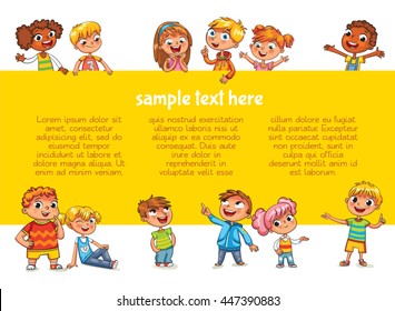 Happy children holding blank poster. Template for advertising brochure. Ready for your message. Children look up with interest. Kid pointing at a blank template. Funny cartoon character. Lorem ipsum