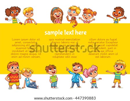 Happy children holding blank poster. Template for advertising brochure. Ready for your message. Children look up with interest. Kid pointing at a blank template. Funny cartoon character. Lorem ipsum