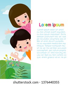 Happy children holding blank signs poster. Template for advertising brochure. Ready for your message. Space for text. cartoon kids character. Vector illustration