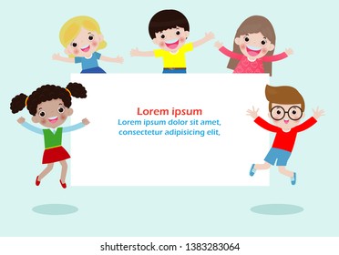 Happy children holding blank signs poster. Template for advertising brochure. Ready for your message. Space for text. cartoon kids character. Vector illustration 