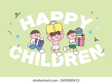 Happy children holding gifts, cute characters