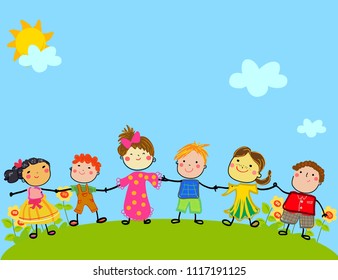 Happy children holding hand 