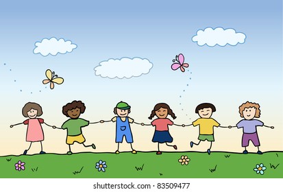 happy children holding for hands on summer field vector