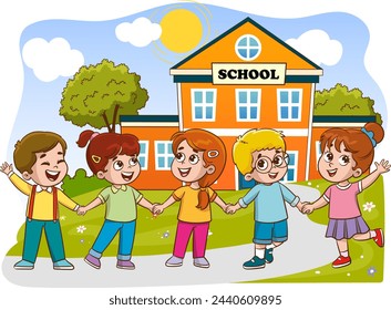 happy children holding hands school cartoon vector