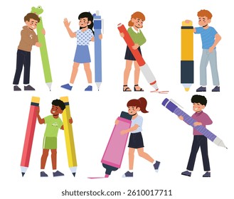 Happy children holding oversized pens, pencils, and markers in playful poses, cartoon style on white background. Concept of creativity, learning, and education. Vector illustration