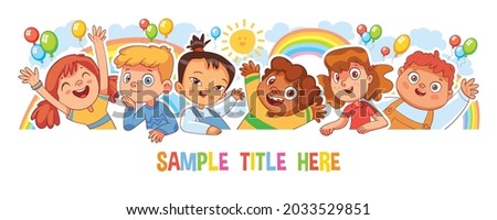 Happy children holding poster. Template for advertising brochure. Ready for your message. Style of kids drawings. Childrens panorama template. Funny cartoon character. Isolated on white background