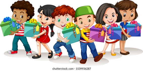 Happy children holding present box illustration