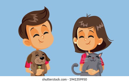 Happy Children Holding their Pets. Kids playing with cute friendly domestic animals
