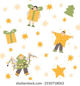 Happy children in holiday costumes of gift, Christmas tree and star. Cute vector seamless pattern in flat style on white background. Texture for Christmas or New Year wrapping paper.