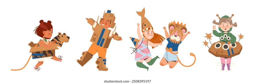 Niños felices en traje de cartón hecho en casa jugando y divirtiéndose Vector Set