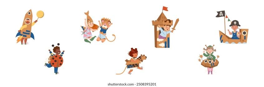 Niños felices en traje de cartón hecho en casa jugando y divirtiéndose Vector Set